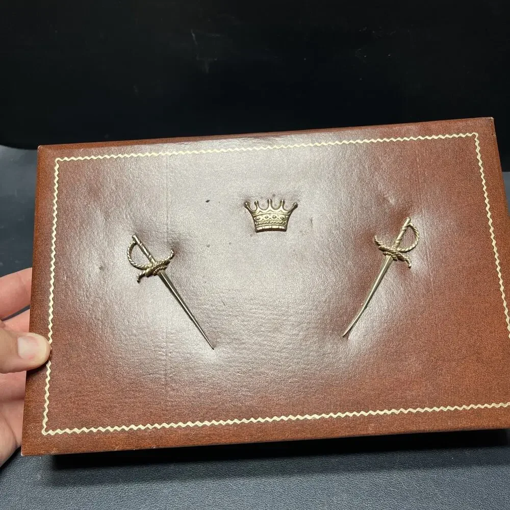 Vintage Dante Mens Jewelry Box Valet Box Faux Brown Leather, Swords & Crown